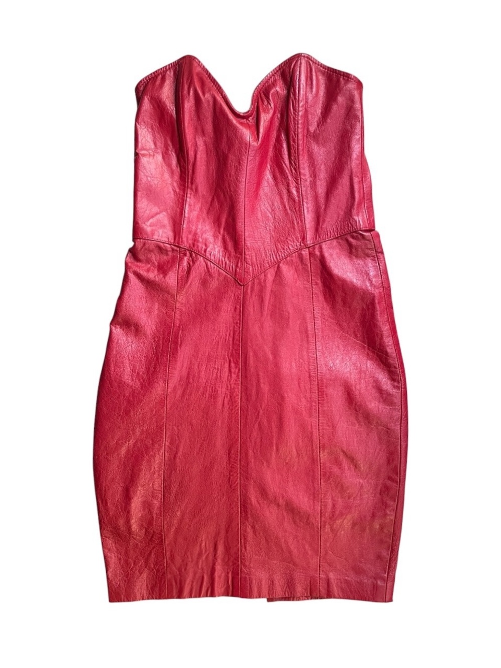 Vintage 80s Red Leather Strapless Corset Dress w/Sweetheart Neckline, Sz 8